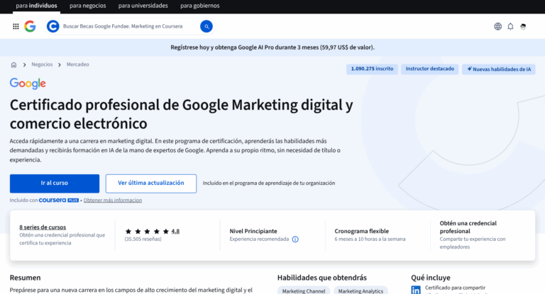 Certificado profesional de Google en marketing digital y comercio electrónico para mejorar el perfil profesional