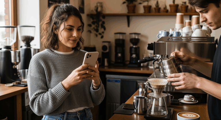 Joven community manager grabando con su móvil en una cafetería de especialidad mientras un barista prepara café