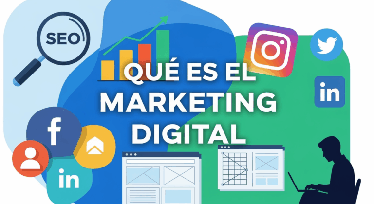 Imagen ilustrada con el texto “Qué es el Marketing Digital”, representando conceptos clave de marketing digital y su utilidad para negocios.